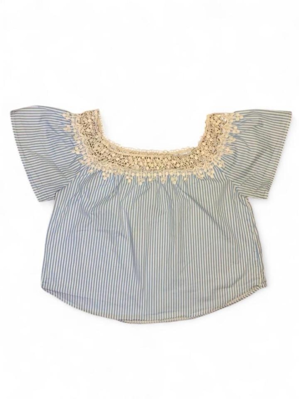 Ambiance Light Blue & White Striped Off-Shoulder Top with Cream Crochet